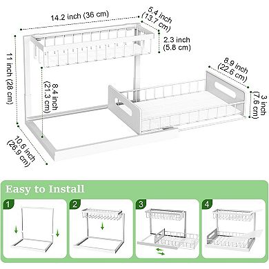 2-Tier Pull Out Under Sink Organizer, Slide-Out Storage Shelf for Kitchen & Bathroom, White