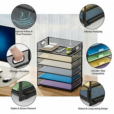 6 Tier Paper Organizer Mesh Desk Tray with Handle for Letter and A4 Files
