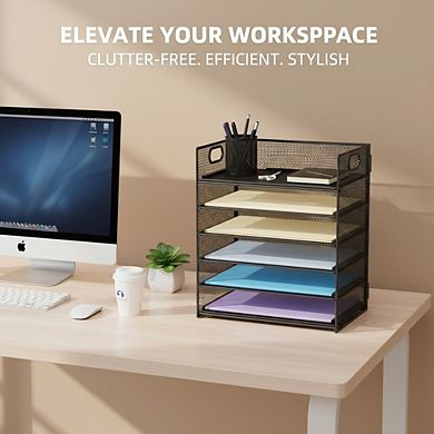 6 Tier Paper Organizer Mesh Desk Tray with Handle for Letter and A4 Files