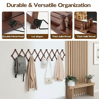 Expandable Wall Hat Rack with 16 Wooden Hooks for Caps Bags and Hoodies