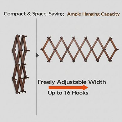 Expandable Wall Hat Rack with 16 Wooden Hooks for Caps Bags and Hoodies
