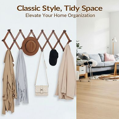 Expandable Wall Hat Rack with 16 Wooden Hooks for Caps Bags and Hoodies