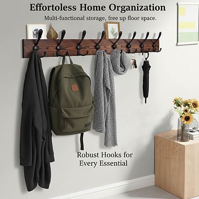 32.2 Inch Large Wall Mount Coat Rack with 8 Triple Metal Hooks Real Wood