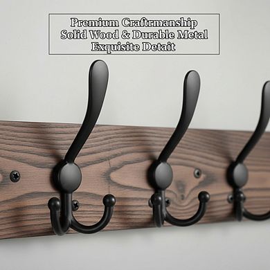 32.2 Inch Large Wall Mount Coat Rack with 8 Triple Metal Hooks Real Wood