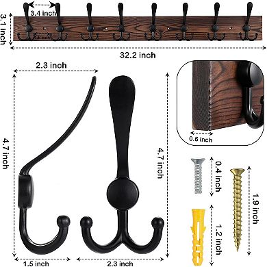 32.2 Inch Large Wall Mount Coat Rack with 8 Triple Metal Hooks Real Wood