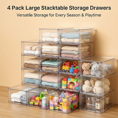 4 Pack Large Stackable Acrylic Drawers, Easily Assemble for Undersink & Pantry Organization