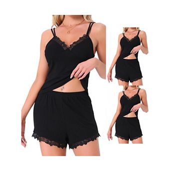 3 Sets Women's Sleeveless Tank Top Low Cut Ribbed Cami Lounge Lace Shorts Set