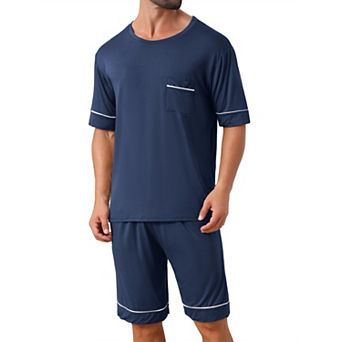 Nightwear Pajama for Men's Summer Short Sleeves Crew Neck with Pockets Pajama Set