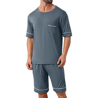 Nightwear Pajama for Men's Summer Short Sleeves Crew Neck with Pockets Pajama Set