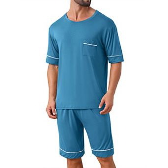 Nightwear Pajama for Men's Summer Short Sleeves Crew Neck with Pockets Pajama Set