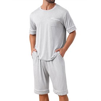 Nightwear Pajama for Men's Summer Short Sleeves Crew Neck with Pockets Pajama Set
