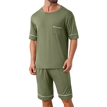Nightwear Pajama for Men's Summer Short Sleeves Crew Neck with Pockets Pajama Set