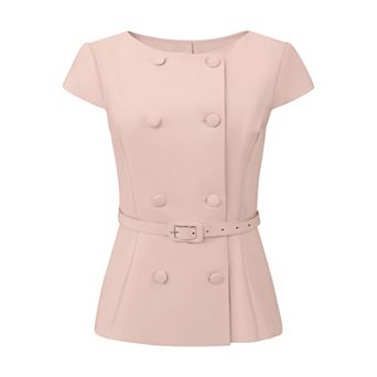 Women's Vintage Blouse Button Down Cap Sleeve Boat Neck Business Office Peplum Top with Belted