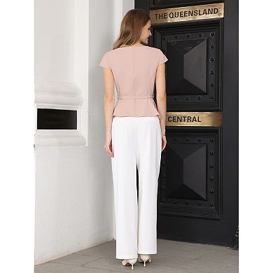 Women's Vintage Blouse Button Down Cap Sleeve Boat Neck Business Office Peplum Top with Belted