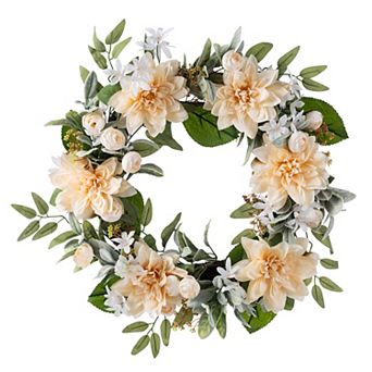 Glitzhome 24"D Peach Dahlia Floral Wreath, Decorative Wreath Includes a Black Metal Wreath Hanger