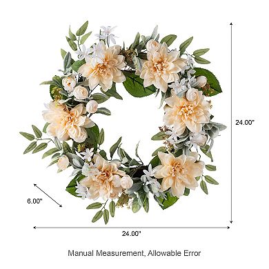 Glitzhome 24"D Peach Dahlia Floral Wreath, Decorative Wreath Includes a Black Metal Wreath Hanger