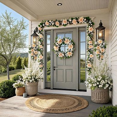Glitzhome 24"D Peach Dahlia Floral Wreath, Decorative Wreath Includes a Black Metal Wreath Hanger