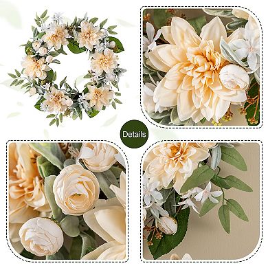 Glitzhome 24"D Peach Dahlia Floral Wreath, Decorative Wreath Includes a Black Metal Wreath Hanger