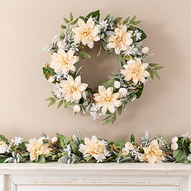 Glitzhome 24"D Peach Dahlia Floral Wreath, Decorative Wreath Includes a Black Metal Wreath Hanger