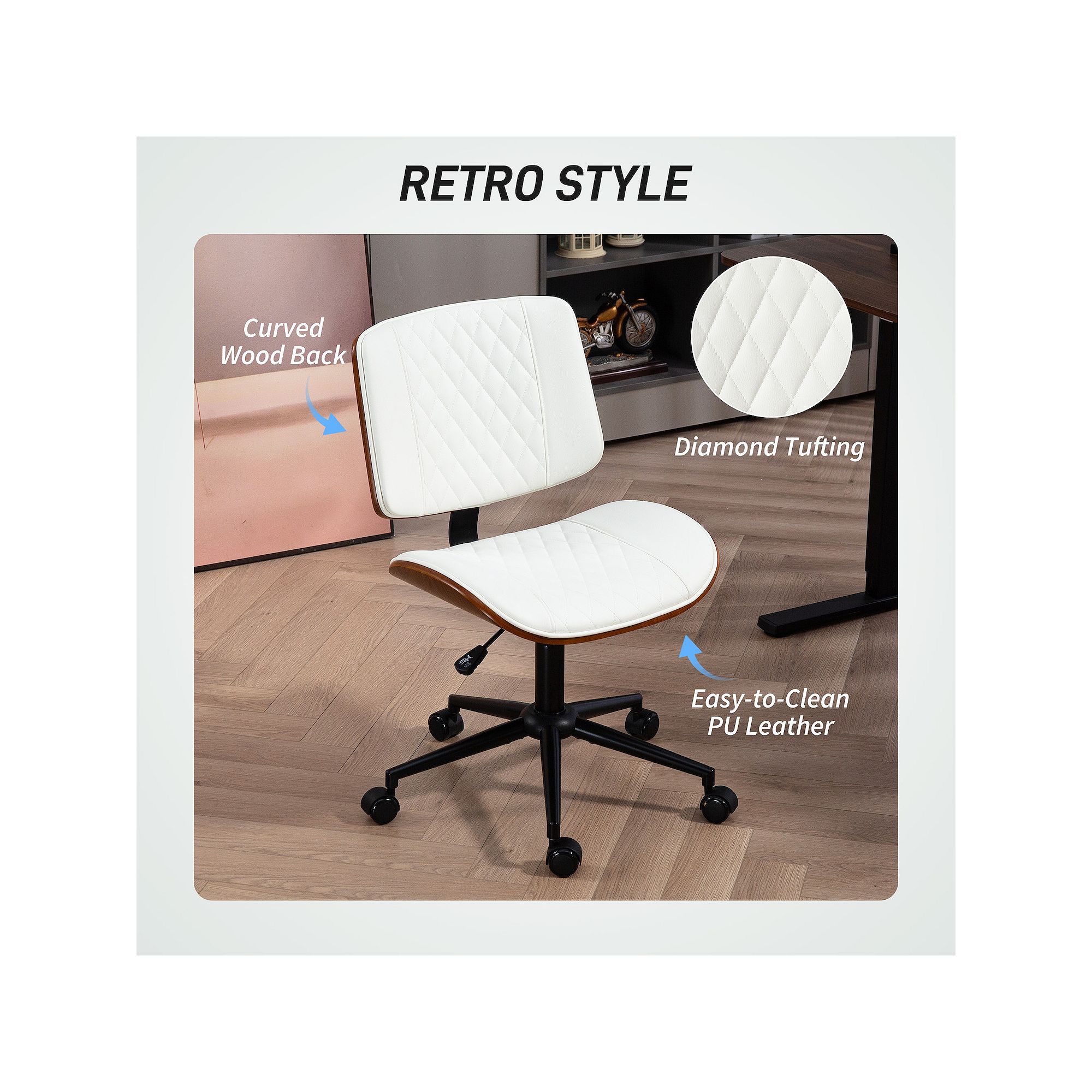 Retro style HOMCOM swivel desk chair with diamond tufting and PU leather