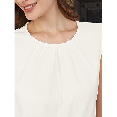 Women's Sleeveless Bodysuit Work Crew Neck Pleated Front Classic Business Shirt Top