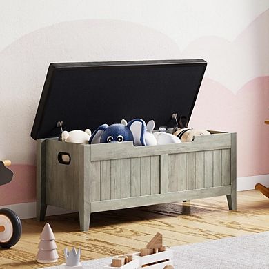 Large Wooden Flip-Top Storage Bench with Padded Seat and Safety Hinges