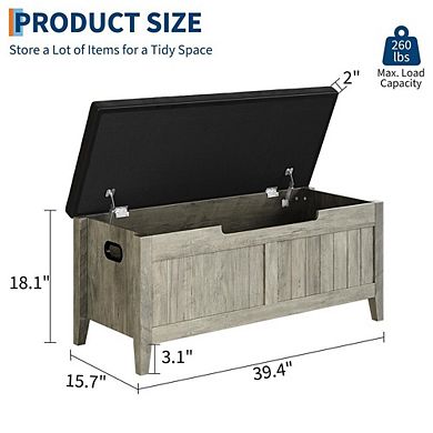 Large Wooden Flip-Top Storage Bench with Padded Seat and Safety Hinges
