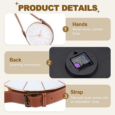 Industrial Wall Clock with Leather Strap, 12" Silent Non-Ticking Round Clock, Markers Style