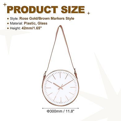 Industrial Wall Clock with Leather Strap, 12" Silent Non-Ticking Round Clock, Markers Style