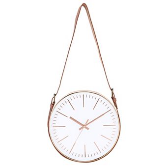 Industrial Wall Clock with Leather Strap, 12" Silent Non-Ticking Round Clock, Markers Style