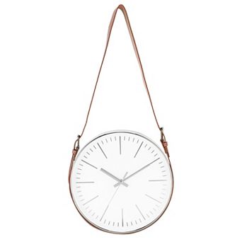 Industrial Wall Clock with Leather Strap, 12" Silent Non-Ticking Round Clock, Markers Style