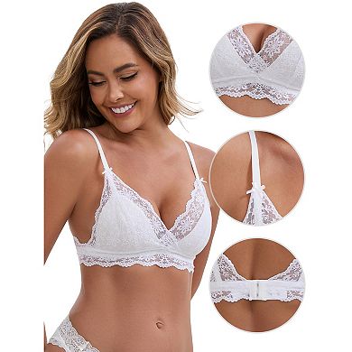 Women's Lace Plunge Wireless Everyday Bras Back Closure Adjustable Spaghetti Straps Triangle Bra