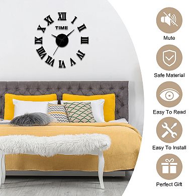 16"-20" Modern Frameless DIY Wall Clock, Large Mirror Acrylic Roman Numeral, Silent Quartz Movement