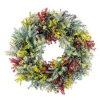 Glitzhome 24"D Mixed Floral Eucalyptus Wreath Includes a Black Metal Wreath Hanger