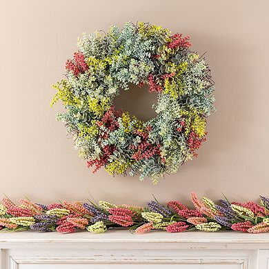 Glitzhome 24"D Mixed Floral Eucalyptus Wreath Includes a Black Metal Wreath Hanger
