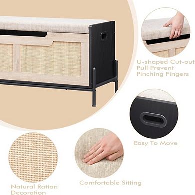 Rattan Storage Bench with Lid and Safety Hinges