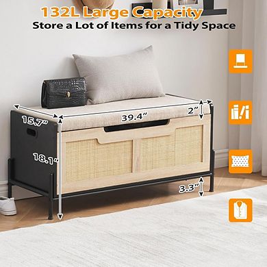 Rattan Storage Bench with Lid and Safety Hinges
