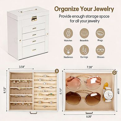 White Faux Leather Jewelry & Watch Organizer with Drawers and Swing Cabinets