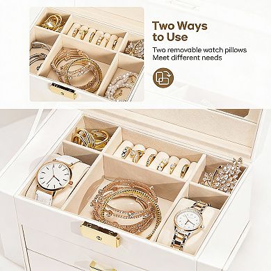 White Faux Leather Jewelry & Watch Organizer with Drawers and Swing Cabinets