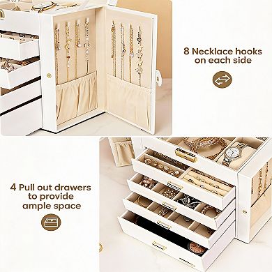 White Faux Leather Jewelry & Watch Organizer with Drawers and Swing Cabinets
