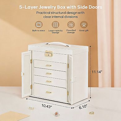 White Faux Leather Jewelry & Watch Organizer with Drawers and Swing Cabinets
