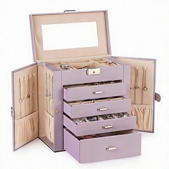 White Faux Leather Jewelry & Watch Organizer with Drawers and Swing Cabinets
