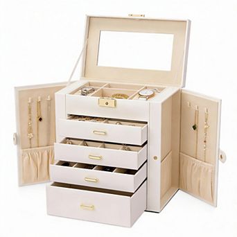 White Faux Leather Jewelry & Watch Organizer with Drawers and Swing Cabinets