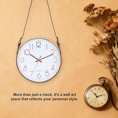 Industrial Wall Clock with Leather Strap, 12" Silent Non-Ticking Round Clock, Numerals Style