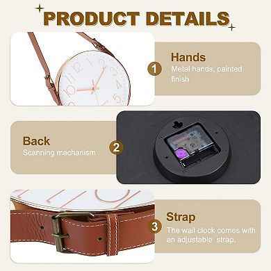 Industrial Wall Clock with Leather Strap, 12" Silent Non-Ticking Round Clock, Numerals Style