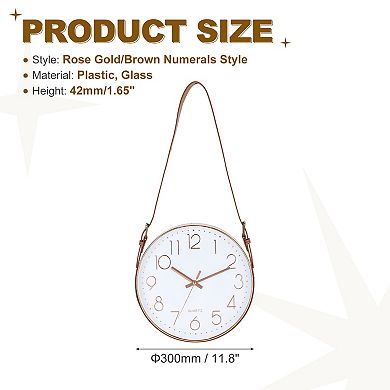 Industrial Wall Clock with Leather Strap, 12" Silent Non-Ticking Round Clock, Numerals Style