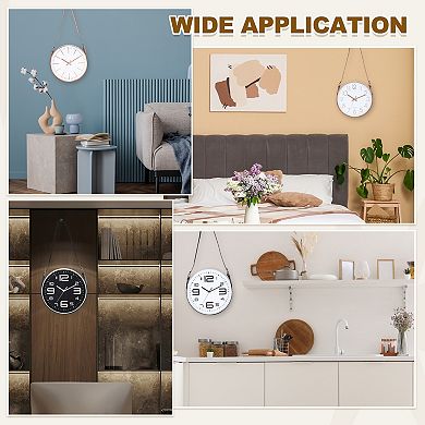 Industrial Wall Clock with Leather Strap, 12" Silent Non-Ticking Round Clock, Numerals Style