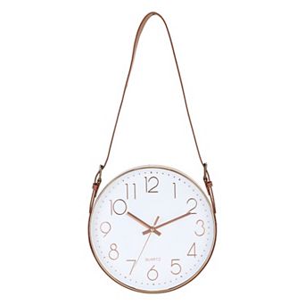 Industrial Wall Clock with Leather Strap, 12" Silent Non-Ticking Round Clock, Numerals Style
