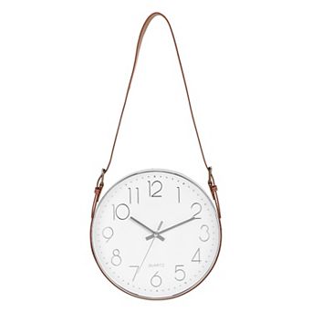 Industrial Wall Clock with Leather Strap, 12" Silent Non-Ticking Round Clock, Numerals Style
