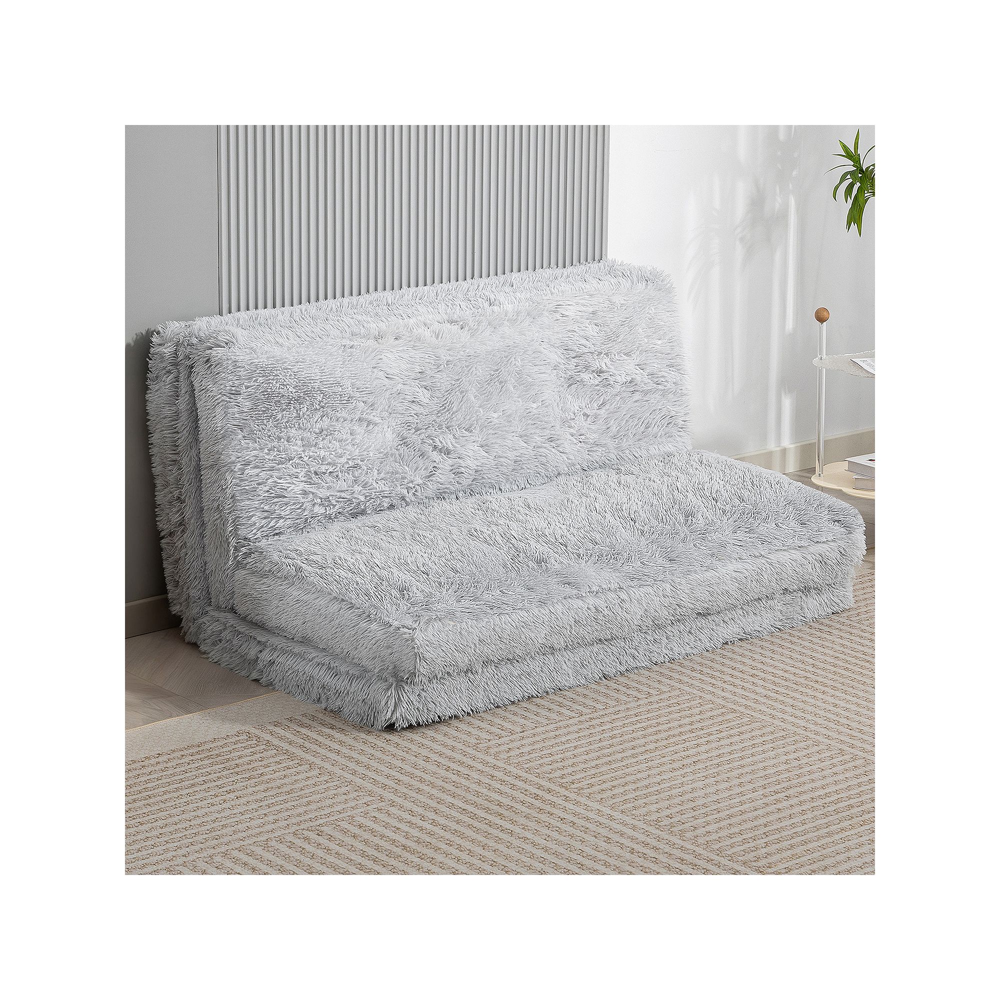 Light gray plush folding floor bean bag sofa bed in sofa position